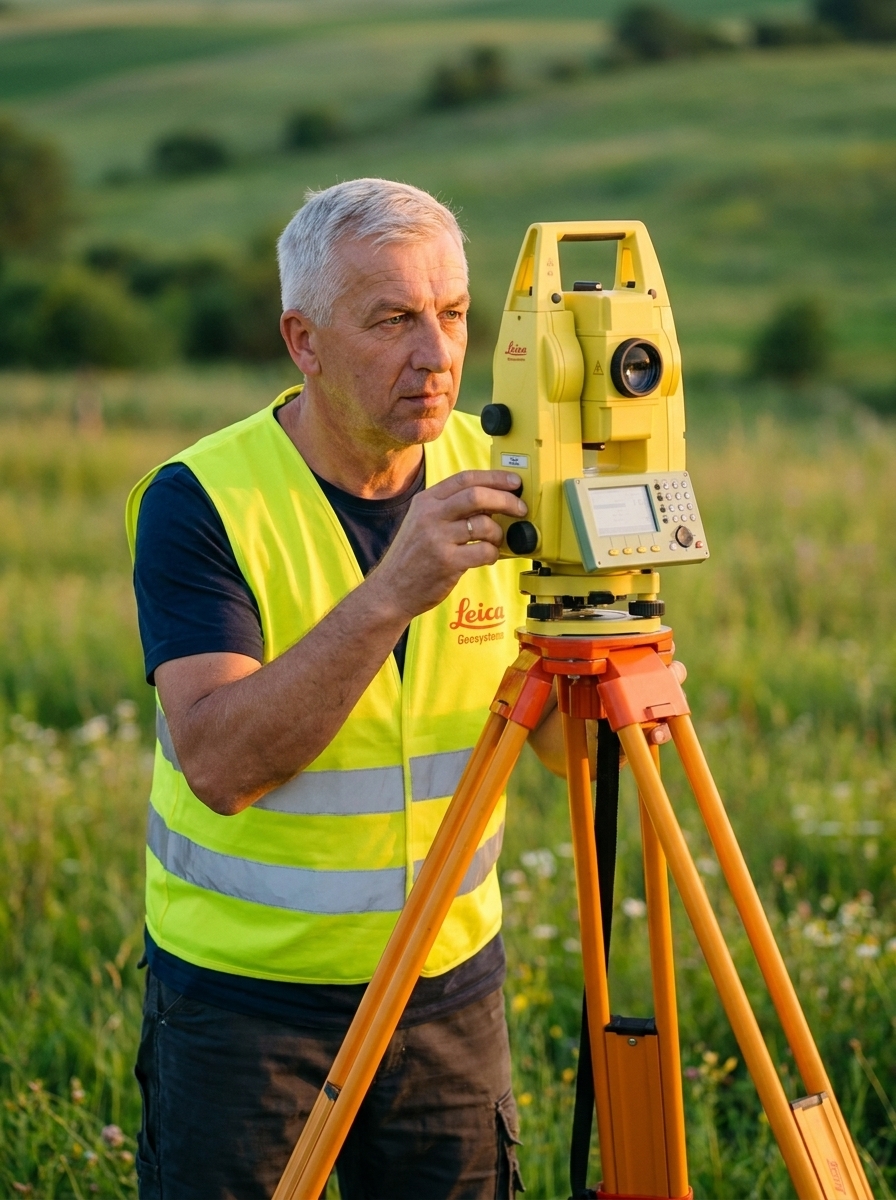 Artur Nowak przy pracy z tachimetrem Leica - Atwa-Geo Geodezja