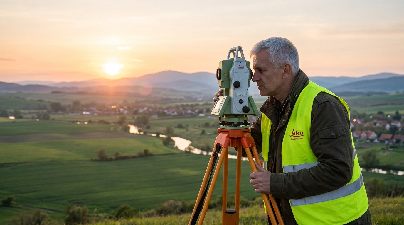 Artur Nowak - geodeta Atwa-Geo ze sprzętem Leica na tle krajobrazu Dolnego Śląska podczas złotej godziny