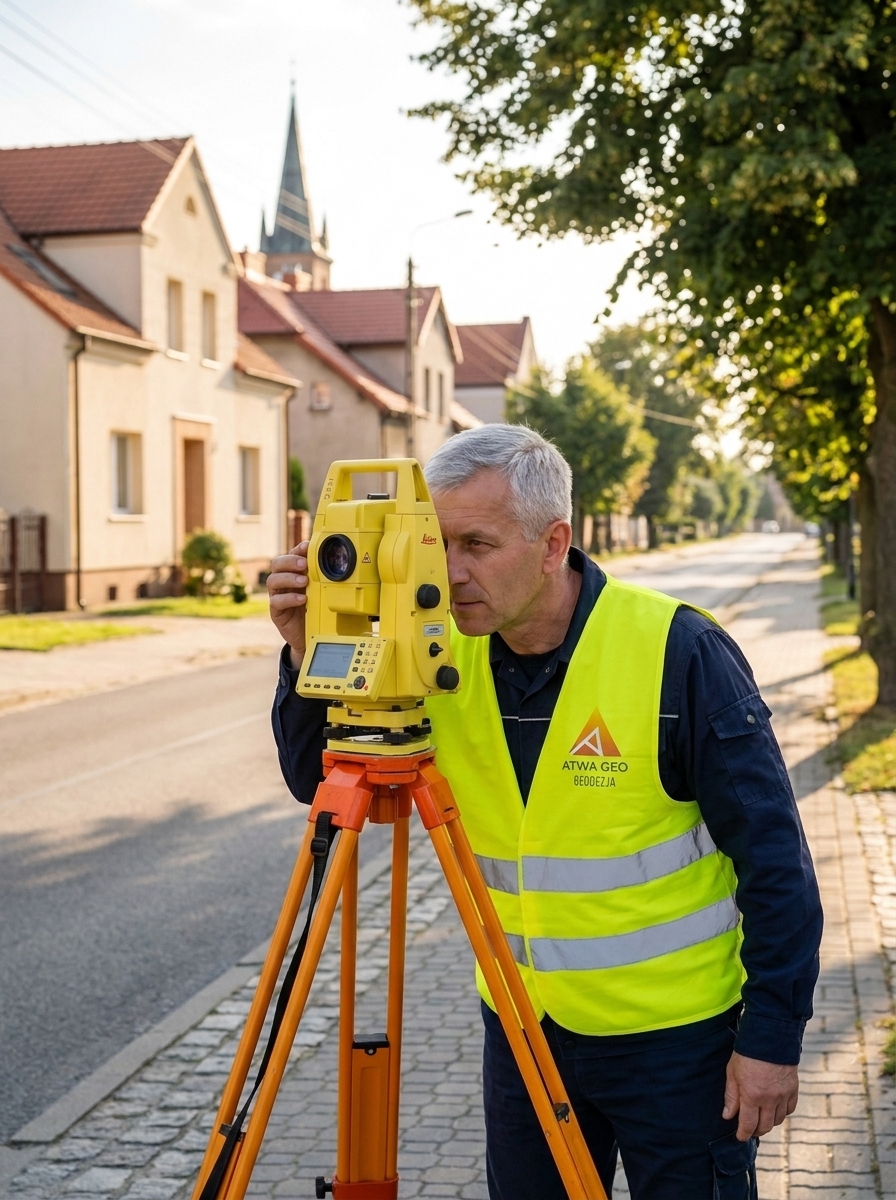 Geodeta Atwa-Geo z tachimetrem Leica w Prusice